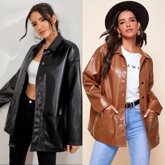 Jackets & Blazers - Vegan leather oversized boyfriend shacket black